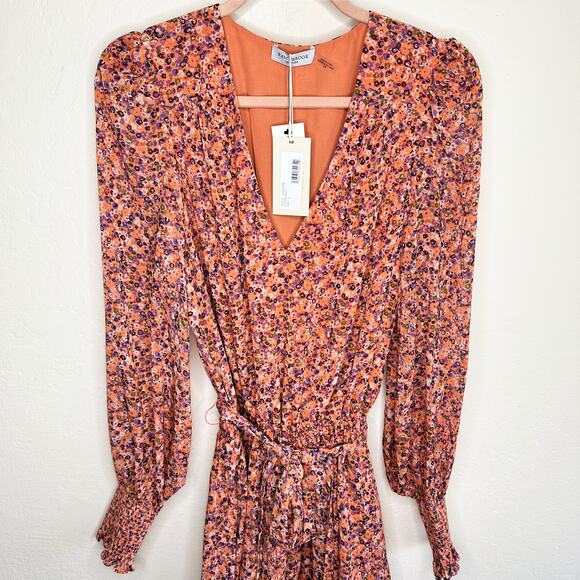 NWT Ramy Brook Xian Floral Tiered Tie Waist Long Sleeve Mini Dress Orange Small - Picture 4 of 16